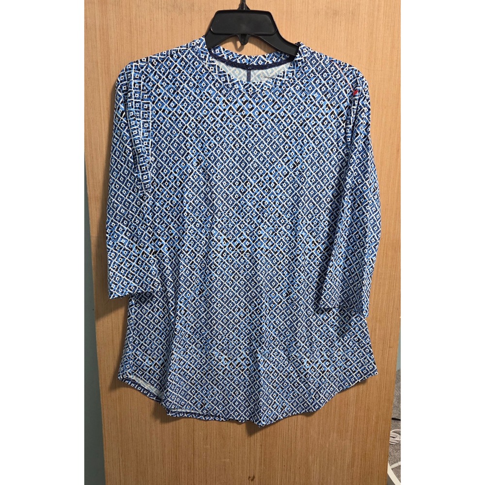 Southwind Apparel Womens Blue White Geometric Diamond 3/4 Sleeve Top Made in USA